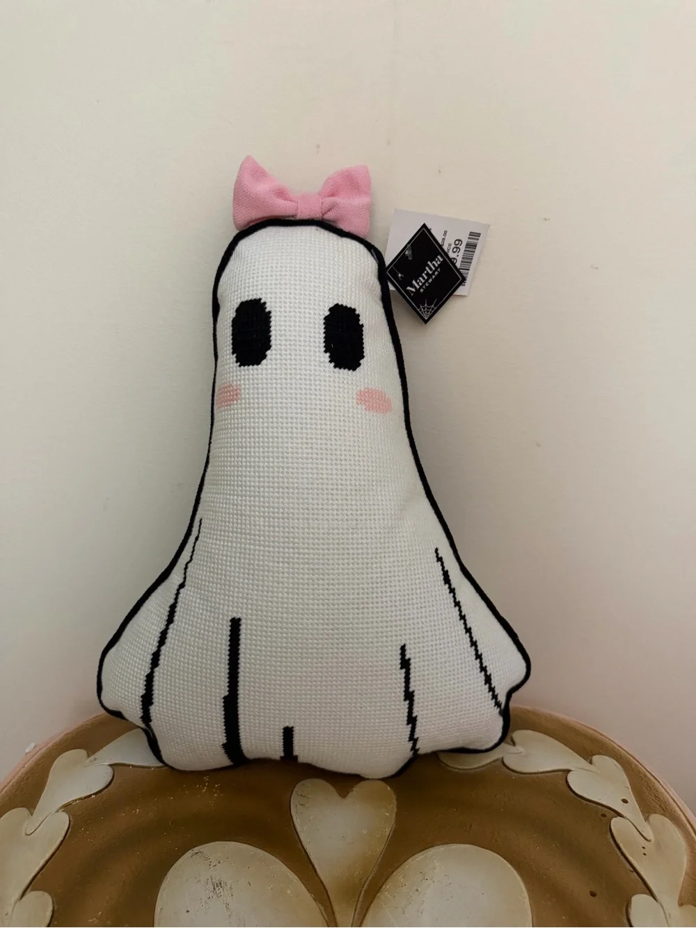 Martha Stewart Halloween Embroidered Ghost with Pink Bow Pillow